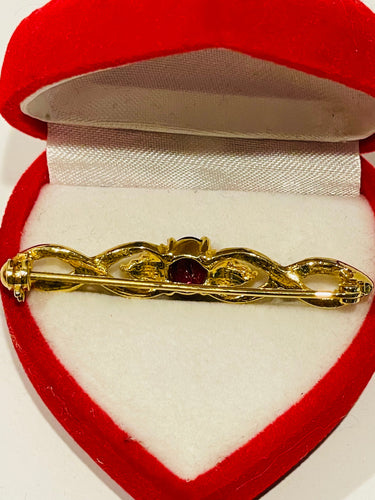 Kira.Gold Twisted Brooch with Red and Clear Rhinestones Bloomers and Frocks